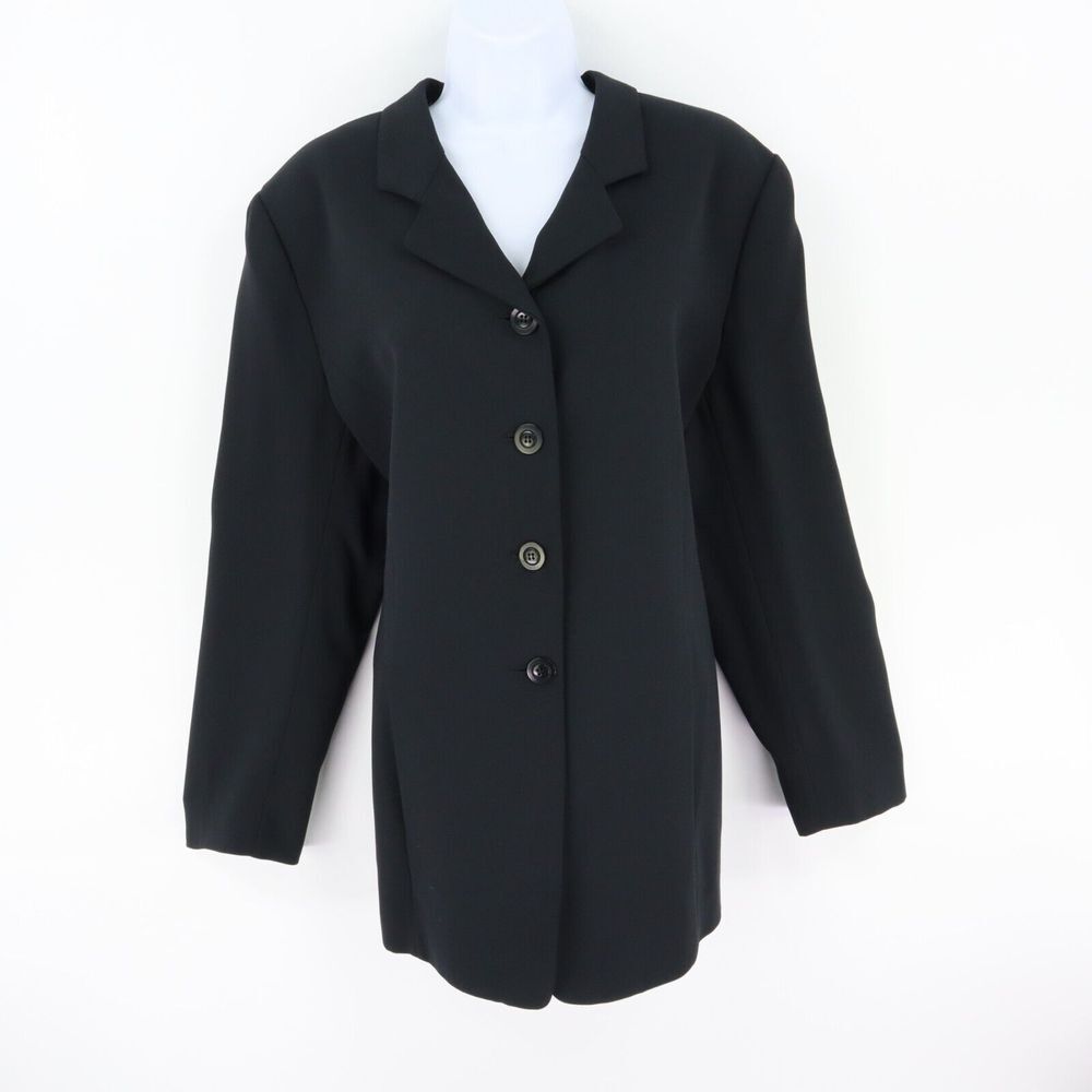 Rena Rowan Essentials Long Blazer Jacket Womens Sz 16 Black Shoulder Pads CAREER